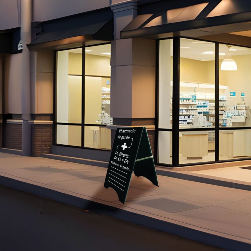 Chevalet de trottoir en PVC expansé avec des horaires de garde d'une pharmacie