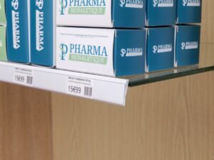 Réglette prix clipsable version inclinée blanche pour étagère verre